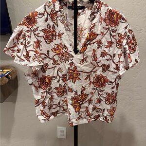 Andrew Marc White Flutter Sleeve V-Neck Blouse with Orange Floral Print